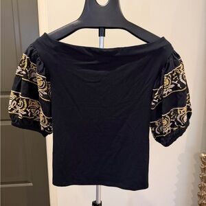 Free People Black Embroidered Puff Sleeve Off Shoulder Top Size XS